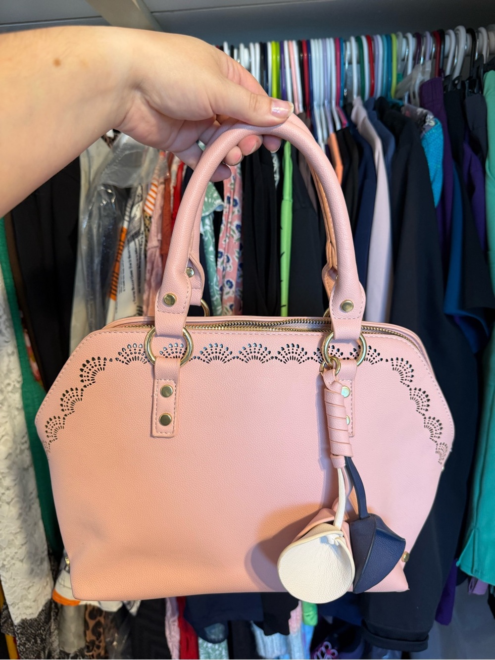Amazon Pink Satchel Handbag with Decorative Charms